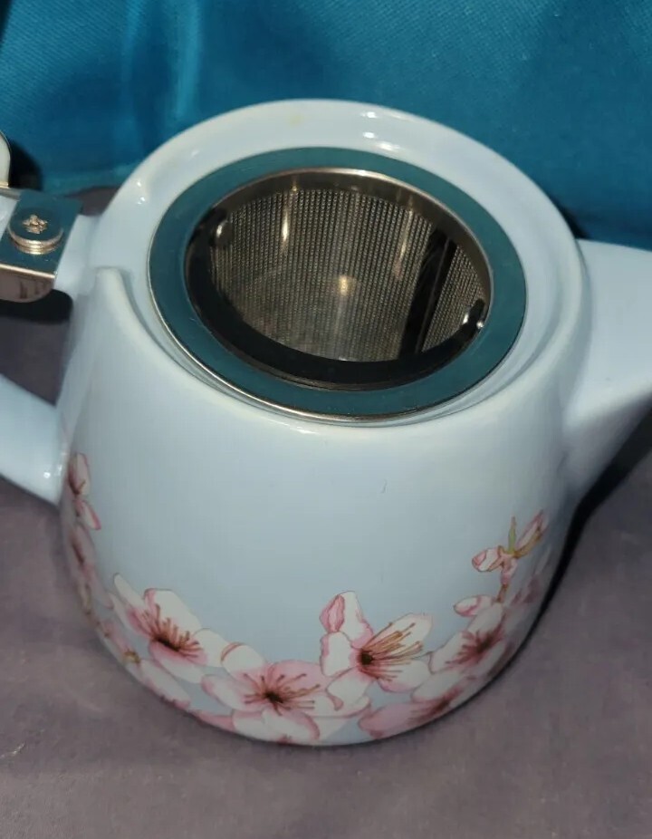 Alfred Ceramic and Stainless Steel Teapot Blue Pink White Floral 20 oz