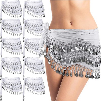 10 Pcs Wholesale Vogue Style Chiffon Dangling Silver Coins Belly Dance Hip Scarf