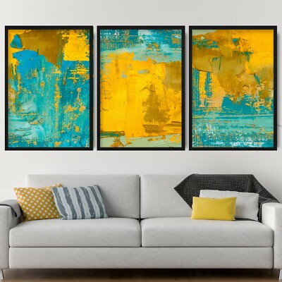 Gerahmter ABSTRAKTER gelb blau strukturierter zeitgenössischer Wandkunstdruck Geschenk 3er Set