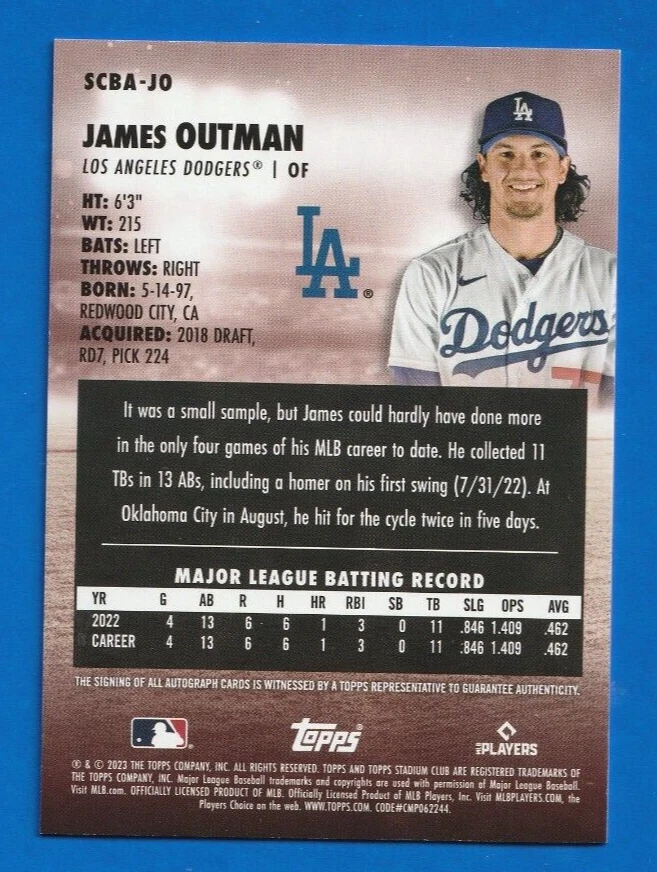 2023 Topps Stadium Club JAMES OUTMAN ROOKIE AUTO  #SCBA-JO - Image 2 of 2