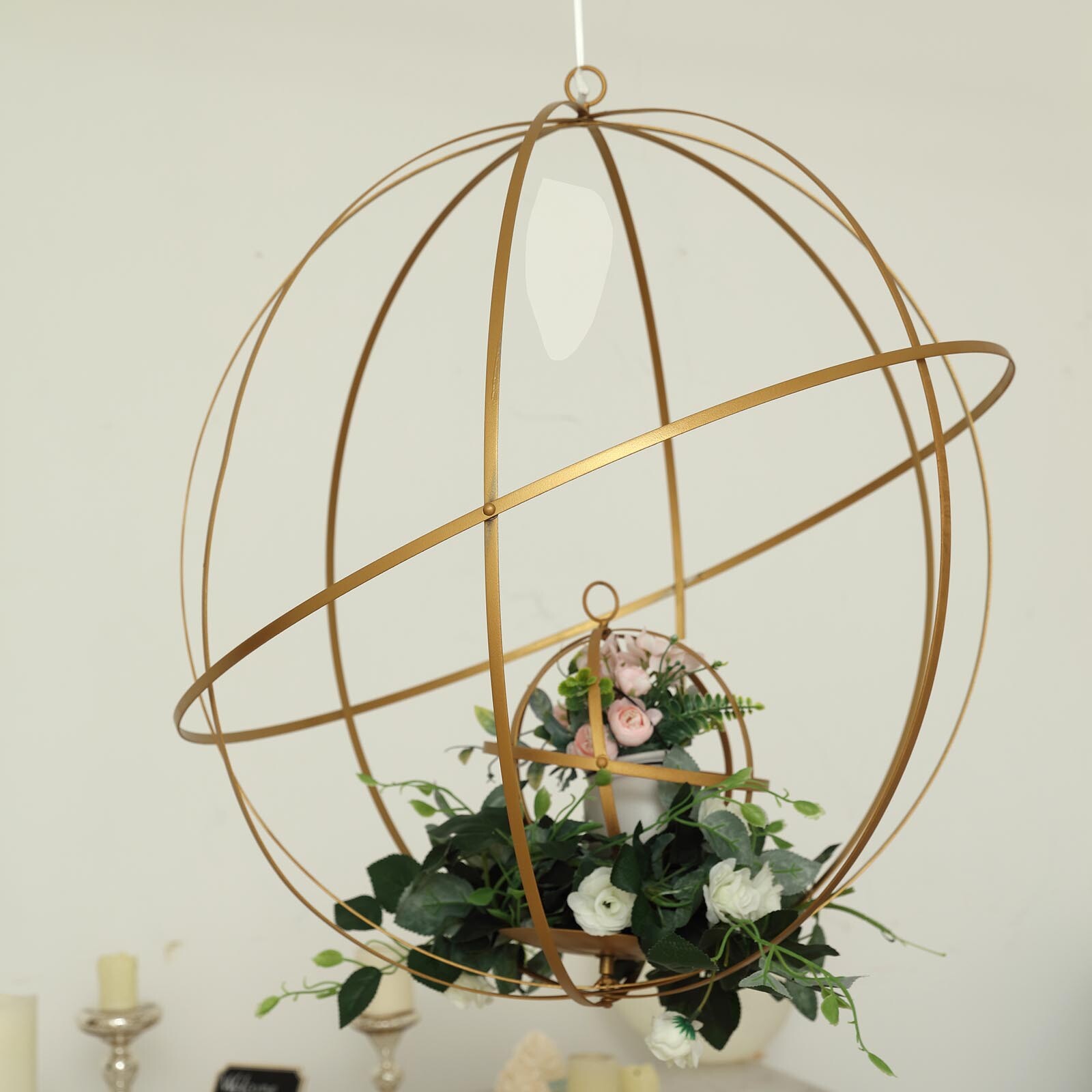 19Inch Gold Globe Ring Hanging Candle Holder Centerpiece Wedding