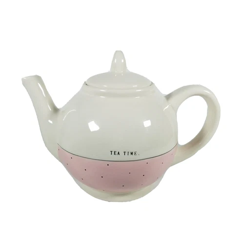 Rae Dunn Artisan Magenta Tea time Teapot Polka Dot Pink Typewriter Font Retired
