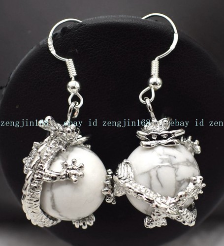 White Howlite Beads Drop Earrings Natural Stone Silver Tone Hook Gemstone Simple - Picture 4 of 12