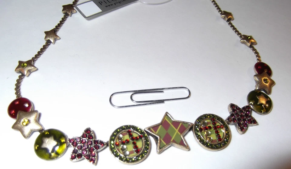 Handmade GREEN BADGE & CRYSTAL CHARM Necklace  by PILGRIM - 14 to17" Long NEW - Image 4 of 4