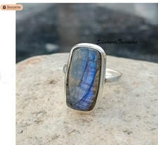 Handmade Rectangle Blue Fire Labradorite Ring, 925 Silver Ring All Size R 562