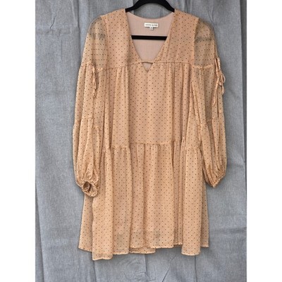 Moon River Peach Polka Dot Tiered Mini Dress V-Neck Balloon Sleeve XS CA2404