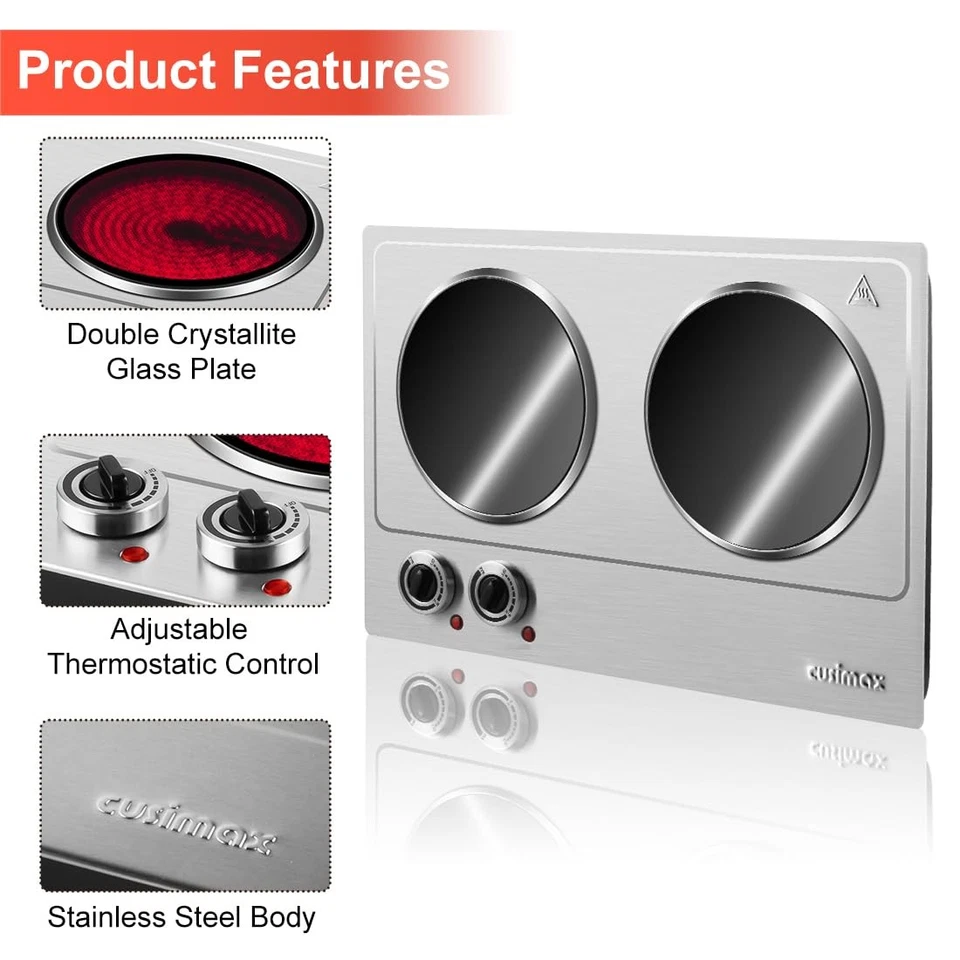 Doble Quemador, Placa Caliente Eléctrica Cerámica CUSIMAX 1800W para Cocina, Doble Con... Foto 2 de 4