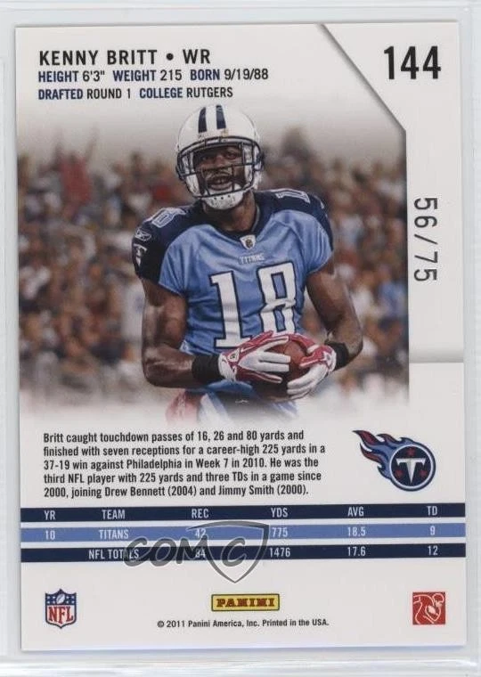 2011 Panini Rookies & Stars Longevity Sapphire /75 Kenny Britt #144 - Image 2 of 2