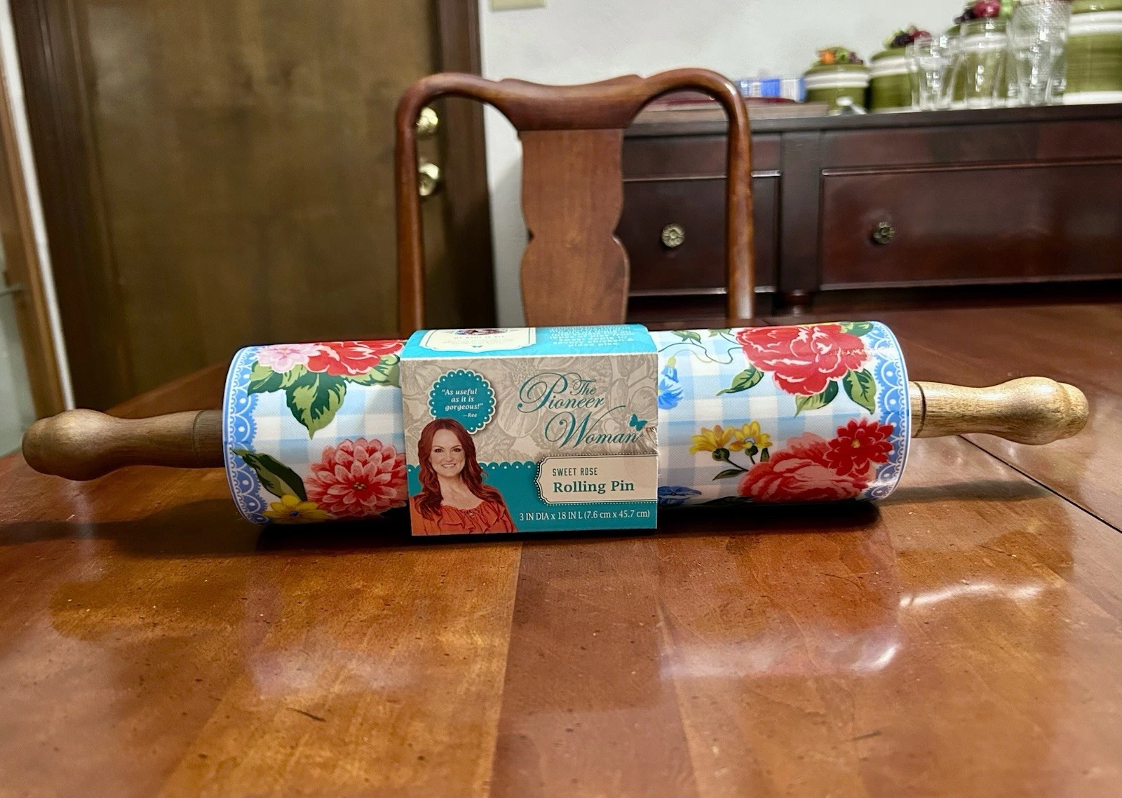 The Pioneer Woman Sweet Rose Ceramic Floral Rolling Pin with Wood Handle. NEW