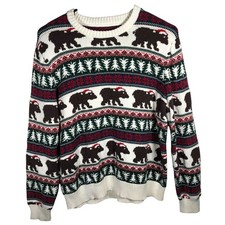 St. John's Bay Men's Christmas Sweater XL Santa Bears Knit Holiday Pullover FLAW
