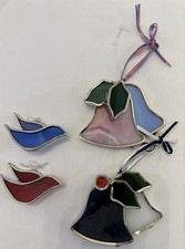 4 Stained Glass Christmas Ornaments Handmade Holiday 2 Birds 2 Bells 2-3  