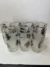 Vtg Libby Glasses Silver Leaf Frosted Tumbler set of 7 MCM 5 1/2"