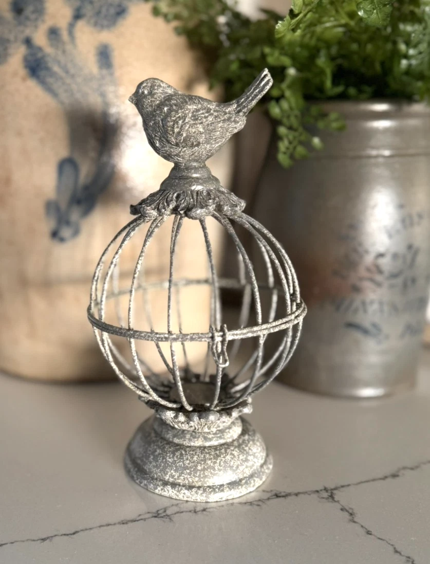 Hinged Bird Cage Round Metal Wire Vintage-Gray Patina Swing Top 8.5" Pedestal