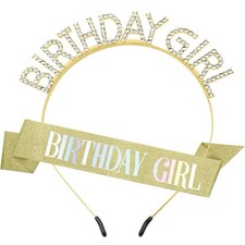 Birthday Girl Sash  Crown Set: Glitter Gold Rhinestone Headband, Princess Tiara