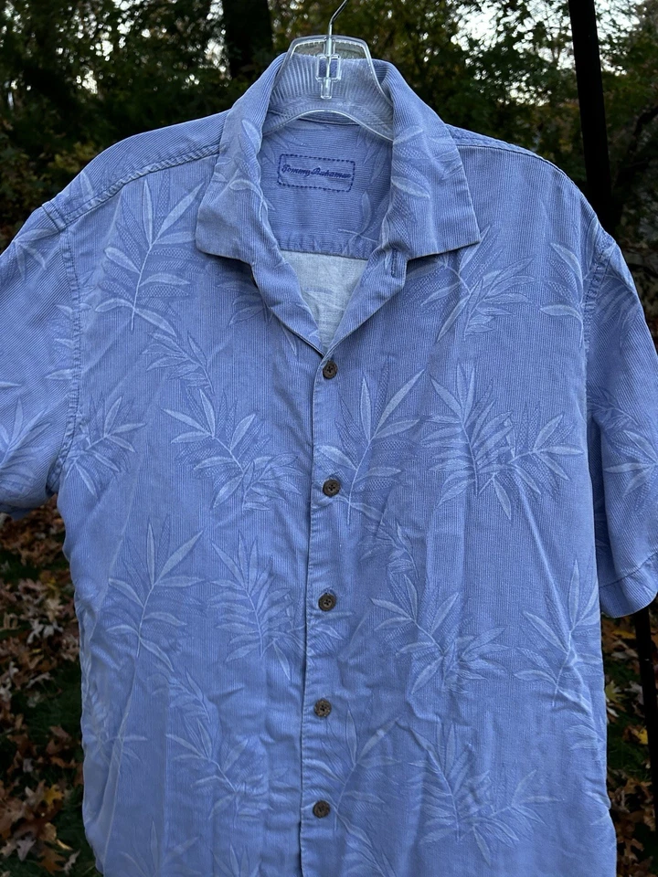 Camisa Tommy Bahama 100% Seda Para Hombre M Azul Hoja de Palma Campamento Hawaiano Botón Delantero Foto 4 de 4