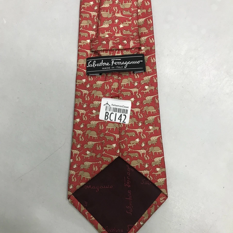 Salvatore Ferragamo Tie Mens Red Gold Animal Print Safari Necktie Made in Italy - Image 2 of 4