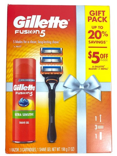 GILLETTE Fusion 5 Gift Pack Razor, Three 5 Blade Cartridges & Shave Gel NEW - Picture 1 of 5