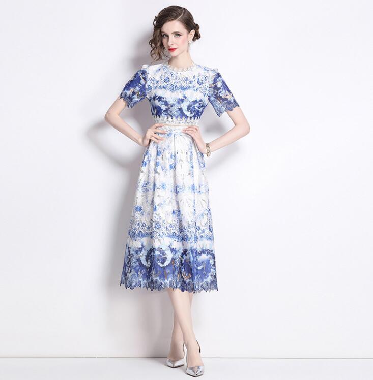 Womens Fashion Round Neck Lace Cutout Short Sleeves Floral