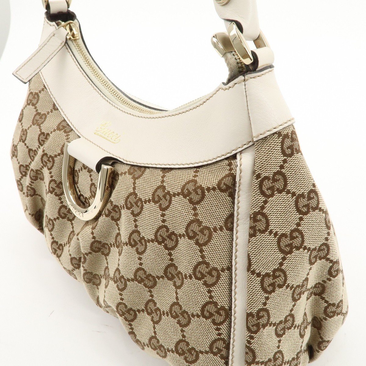Auth GUCCI Abbey GG Shoulder Bag Beige White Canvas Leather