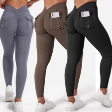 Womens Workout Cargo Leggings with Pockets V back Scrunch Butt Lifting Gym Pants