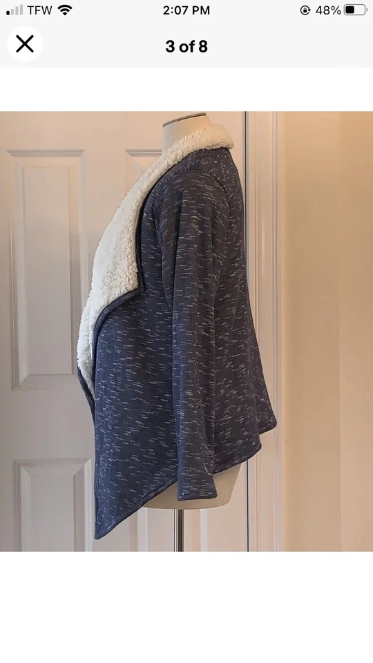 Cárdigan forrado Sherpa “Green Tea”. Envoltura abierta azul jaspeado talla Lg con bolsillos Foto 3 de 4