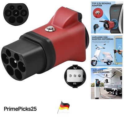 Typ 2 auf Schuko Adapter 16A mit Schalter für E-Auto, Elektrogeräte, schwarz-rot