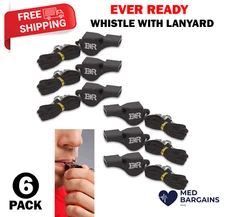 Ever Ready First Aid Lifeguard Coach Sports Whistle with Lanyard Black - 6 Pack
