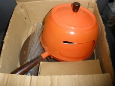 Vintage Orange Fondue Set in Original Box EUC - not sure it was ever used