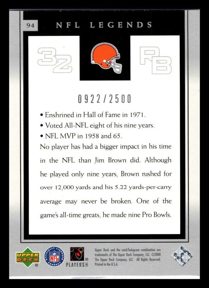 2000 Upper Deck Legends - Century Legends #94 Jim Brown /2500 - Image 2 of 2