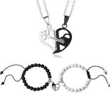 Stainless Steel His and Her Heart Lock Key Matching Puzzle Couples Pendant Neckl
