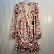 Express Women Pink Floral Ruffle V-Neck Ruched Mini Dress L Wedding Coquette NWT