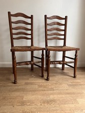 Pair of Antique Lancashire Elm Ladder Back Kitchen Dining Chairs With Rush Seats
