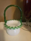 Vintage 1950s Fenton "Emerald Crest" 5" Basket Bamboo Handle AS IS