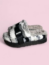 UGG Fluffita Cali Collage Slide Slippers Gray White Black Faux Fur Size 8