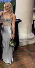 Blue Satin Bedazzled Mesh Corset Lace Up Back Prom Dress size: xs 2-4 hemmed