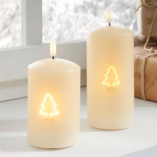"Led Kerze \"Tannenbaum\" 2Er Set Creme Wachskerze Echtwachs Flammenlos Flackernd"-image