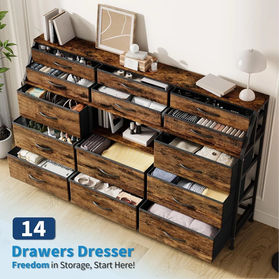 Cómoda Soporte TV 14 Cajones para Dormitorio Cómoda Marco de Metal Madera Superior Estante Abierto Foto 2 de 4