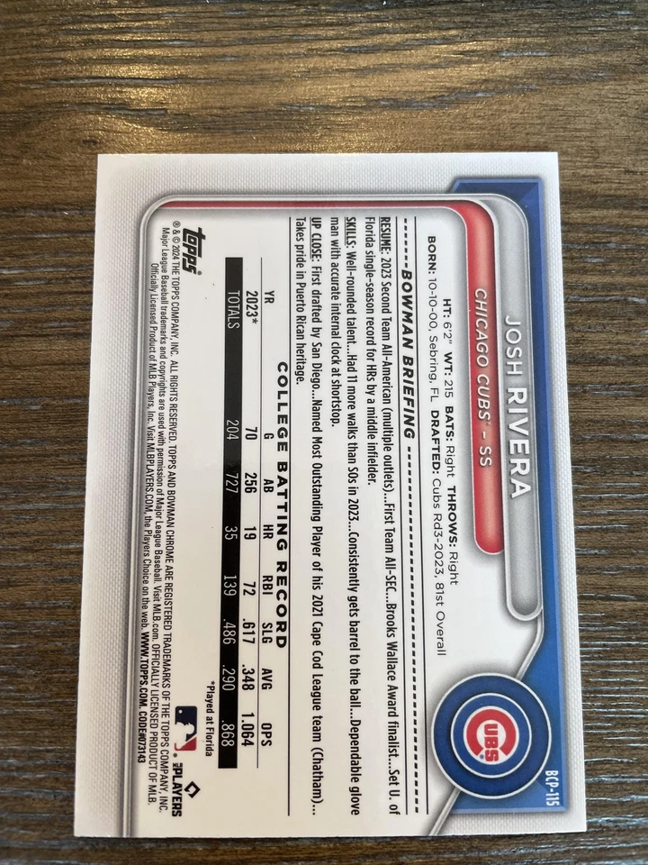 2024 Bowman #BP-115 Josh Rivera Prospects Yellow #/75 - Image 2 of 2