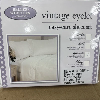 THE BELLES AND WHISTLES BEDDING COMPANY Vintage Eyelet Queen size sheet set pure white BRAND NEW FACTORY SEALED