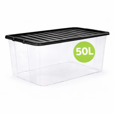 Plastic Storage Boxes with Black Lids Home Kitchen & Office Stackable Clear Box