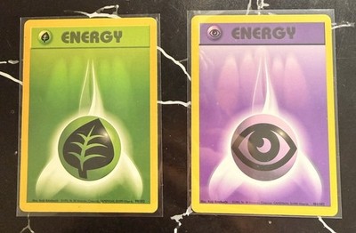 Pokemon TCG Grass Energy Card Vintage 1999 + Psychic Energy Card 2011 *SLEEVED*
