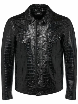 Men's Western Trucker Leather Jacket Black Crocodile Embossed Luxury Jacket