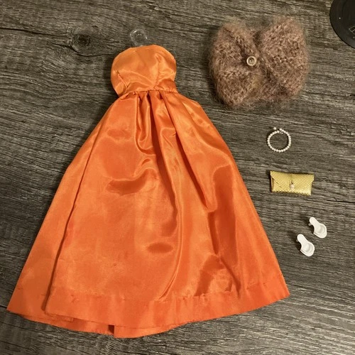 Vintage Barbie Size 1960s Outfit Set - Burnt Orange Satin Gown Dress Accessories