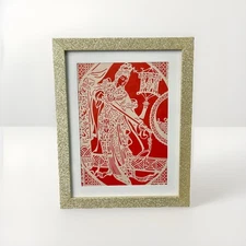 Vintage Framed Chinese White Paper-Cut Jianzhi Guanyin Figure on Red Backing 7x9