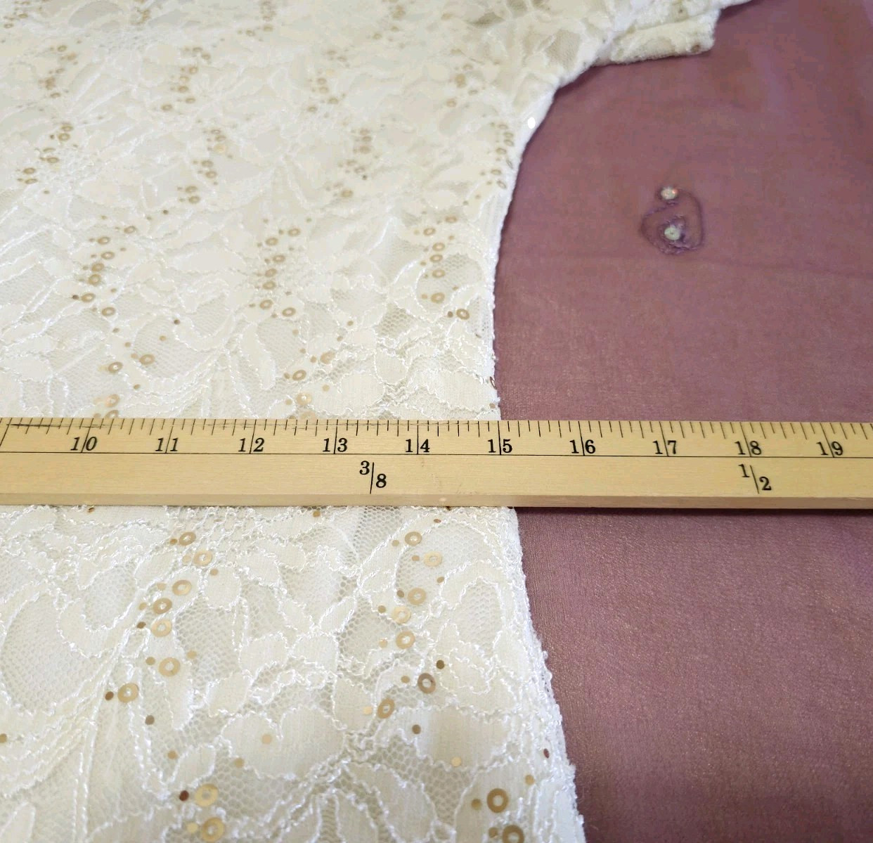 ONXY Nite Lace STRETCHY Bodycon Dress 8 Medium IVORY GOLD Sequins 3/4 Slv Lined image 10