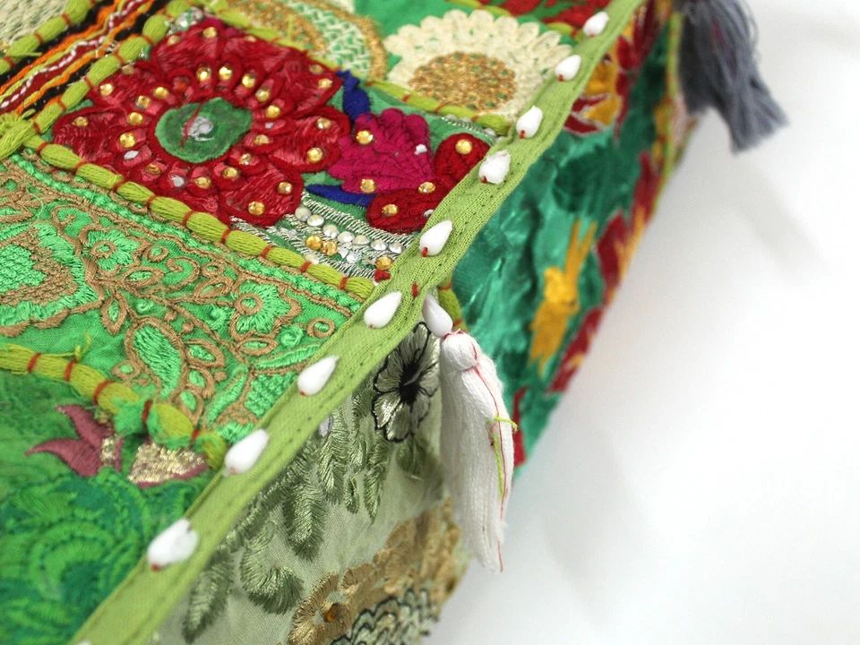 Green Patchwork Square Floor Pillow Bohemian Decorative Pillow Vintage Cover AU - Image 4 of 4