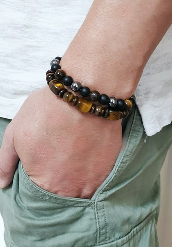 Set of 2 Natural Gemstone Tiger Eye Beaded Leather Men Bracelet Bangle UK - Picture 8 of 10