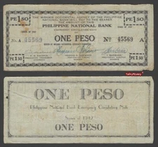 1942 PHILIPPINES EMERGENCY WWII GUERILLA BANKNOTE 1 PESO P-S572 USED FINE