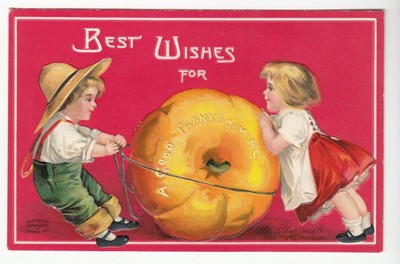 Old Postcard Ellen Clapsaddle Signed Thanksgiving Boy & Girl Tugging on Pumpkin