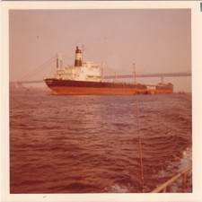 2 vintage color photos bridge ships boats Texaco oil tanker